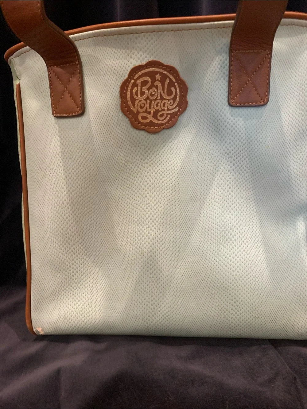 White Consuela Canvas Tote with Colorful Butterfly Embroidery and Tan Trim.